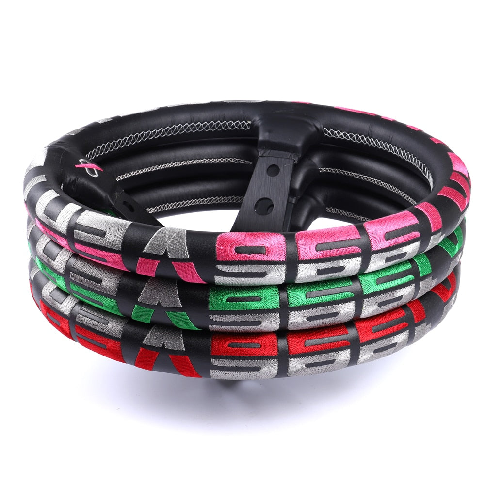 Universal 13" embroidered genuine leather racing steering wheel