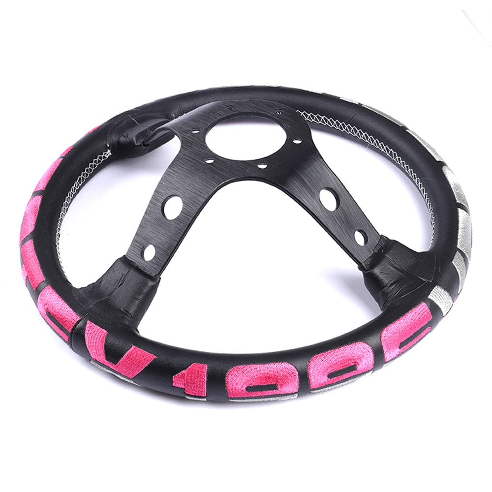 Universal 13" embroidered genuine leather racing steering wheel