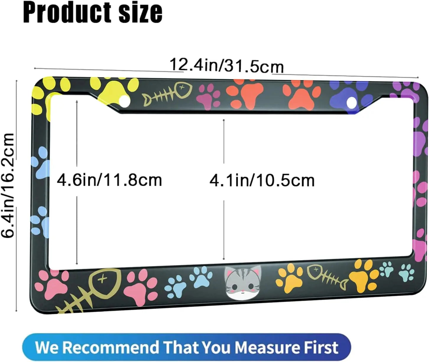 Colorful license plate frame with cat paw design