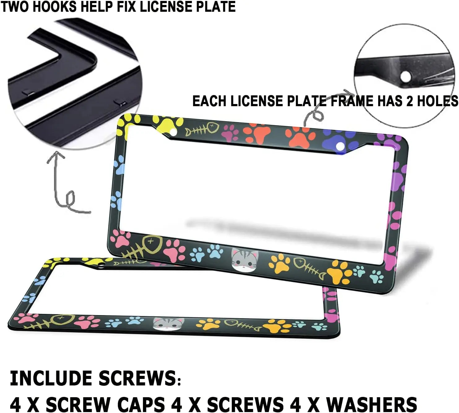 Colorful license plate frame with cat paw design