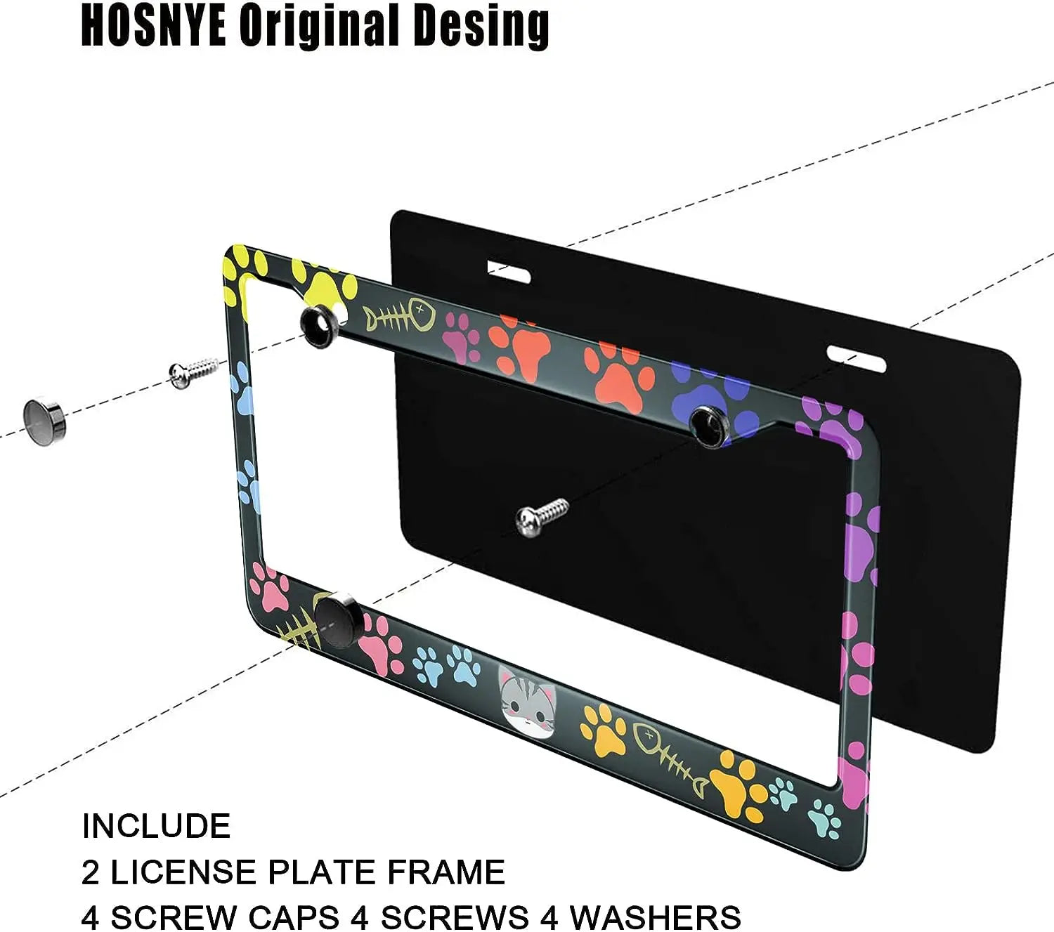 Colorful license plate frame with cat paw design