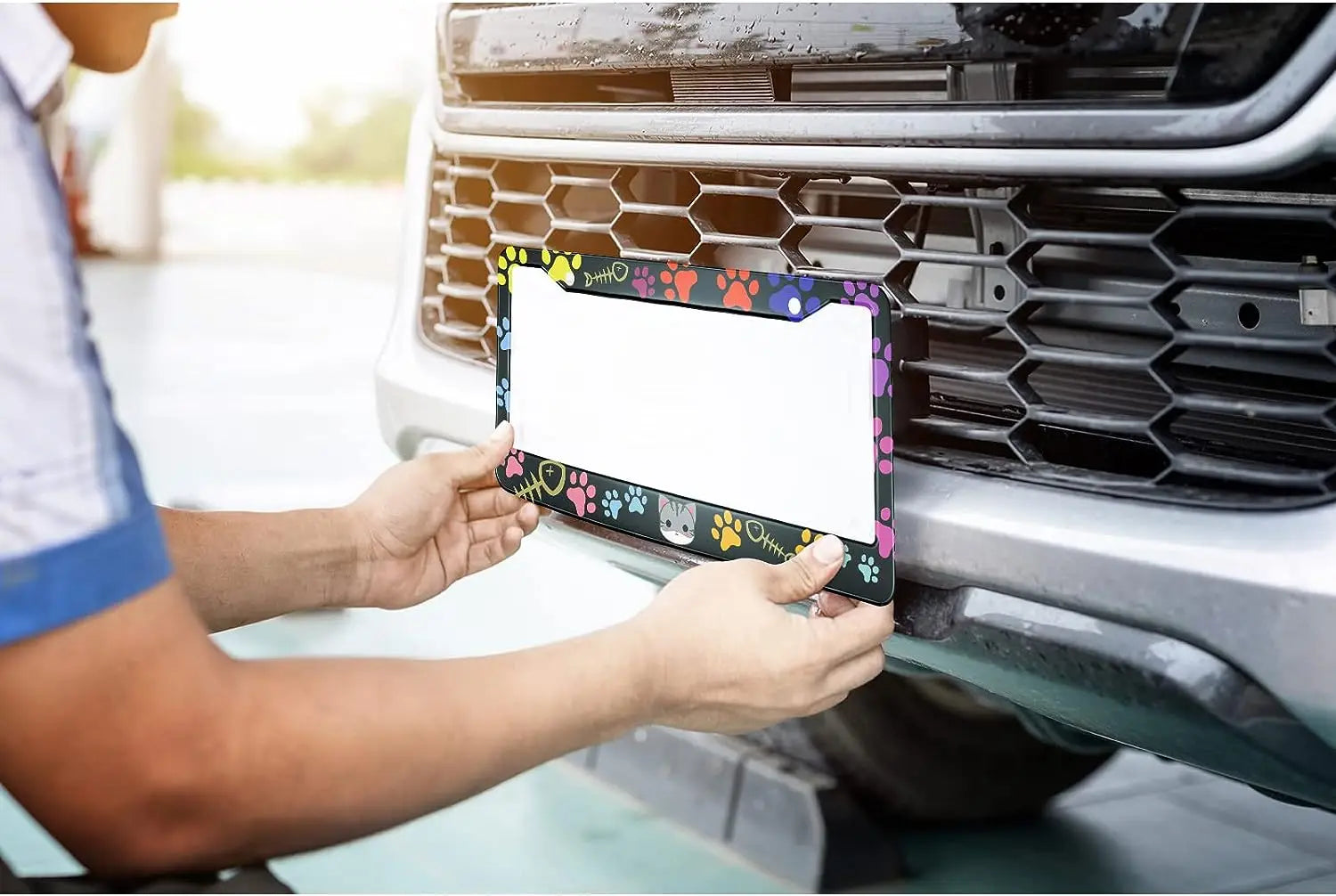 Colorful license plate frame with cat paw design