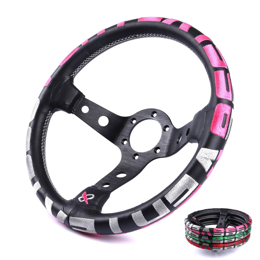 Universal 13&quot; embroidered genuine leather racing steering wheel
